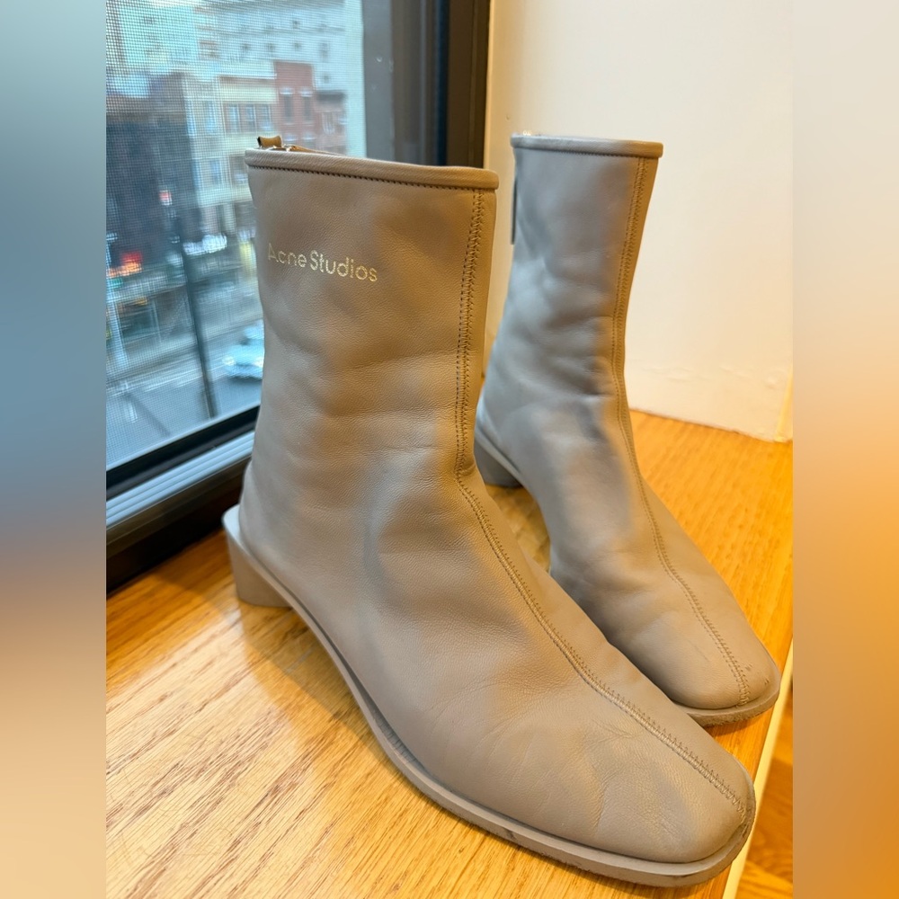 Acne Studios Logo Gray Greige Leather Ankle Sock Boots | EU 36 | US 6